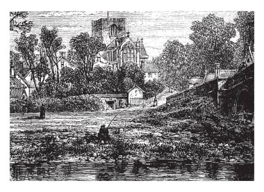 St Asaph Katedrali, Eglwys Gadeiriol Llanelwy, Denbighshire, Kuzey Galler, en küçük Anglikan katedrali, vintage çizgi çizme veya oyma illüstrasyon.