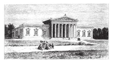 Münih, Almanya'daki Glyptothek müzesinin görünümü, vintage çizgi çizimi veya gravür illüstrasyonu.