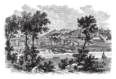 Ohio'da bulunan 1812 şehirde Cincinnati bir sahne. Güzel bir sahne evler, ağaçlar ve nehir, vintage çizgi çizme veya oyma illüstrasyon yüzen tekne gösterir.