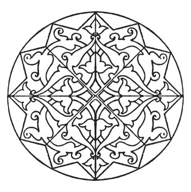 Arap yıldız şekli Çokgen şeklin, vintage çizgi çizme veya oyma illüstrasyon paneldir.