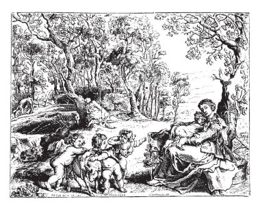 Mısır içine uçuş tarafından Peter Paul Rubens, vintage çizim için oyma veya illüstrasyon oyma.