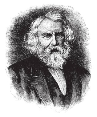 Henry W. Longfellow, 1807-1882, o bir ABD'li şair ve eğitimci Paul Revere'nın yolculuğu, Hiawatha şarkı ve Evangeline, vintage çizgi çizme veya oyma illüstrasyon yapıtları dahil oldu
