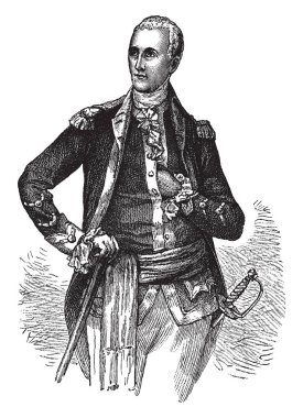 Genel Lafayette, 1757-1834, o bir Fransız aristokrat ve savaşan Amerikan Bağımsızlık Savaşı, vintage çizgi çizme veya oyma illüstrasyon askerdi