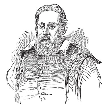 Galileo Galilei, 1564-1642, bir İtalyan bilge, astronom, fizikçi, mühendis, filozof ve deneysel bilim, vintage çizgi çizme veya oyma illüstrasyon büyük yaratıcıları mühendisliğinin matematikçi olduğunu