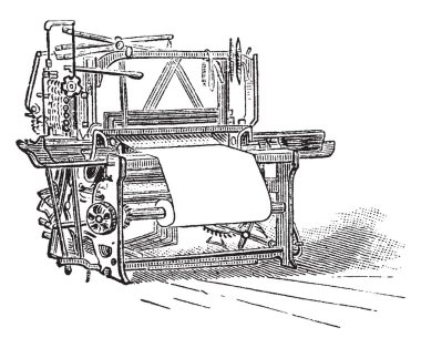 This illustration represents Loom where Industrial looms can weave at speeds of six rows per second and faster, vintage line drawing or engraving illustration. clipart