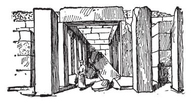 Sfenks Tapınağı, bir adamın, bir aslan, gövdesi yüzünü kalıntıları, tartma taş Büyük Sfenks tapınak kalıntıları, Doğu, vintage çizgi çizme veya oyma illüstrasyon karşı karşıya.