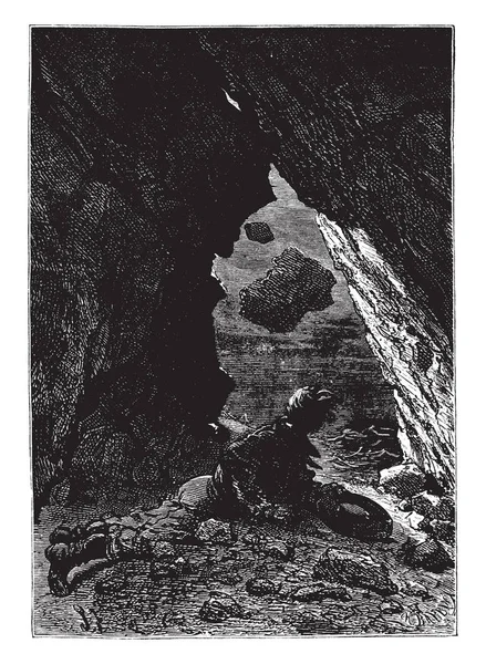 Homme Caché Dans Une Grotte Dessin Ligne Vintage Illustration Gravure — Image vectorielle