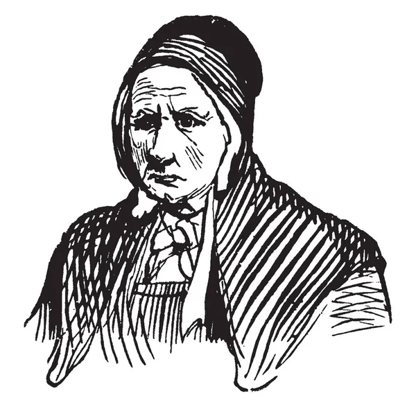 Ältere Frau Mit Traurigem Gesichtsausdruck Auf Diesem Bild Vintage Linienzeichnung — Stockvektor