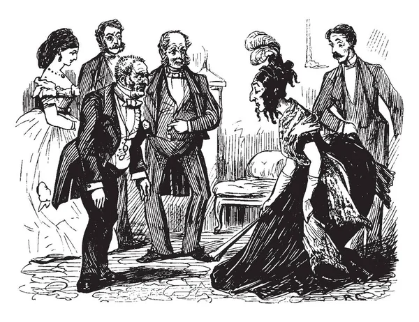 Bir erkek ve kadın her diğer, diğer erkek ve kadınlara onları, vintage çizgi çizme veya oyma illüstrasyon çevresinde tanıtılıyor