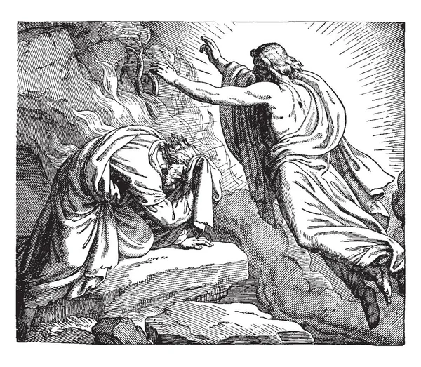 Elijah, mağaranın ağzında, bu sahneyi Mağarası, dizlerinin üstüne oturan ve lord, vintage çizgi çizme veya oyma illüstrasyon önünde eğdi bir insanın ağzında bir adam Tanrı'yla gösterir