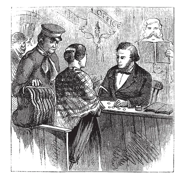 Bu illüstrasyon kadın onun altın Amerikan doları, vintage çizgi çizme veya oyma illüstrasyon alışverişi temsil eder..