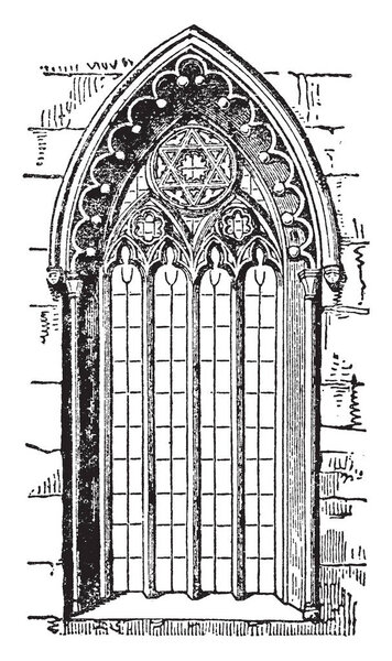 Gothic Style Window or Romanesque architecture, pointed arch, flying buttress, vintage line drawing or engraving illustration.