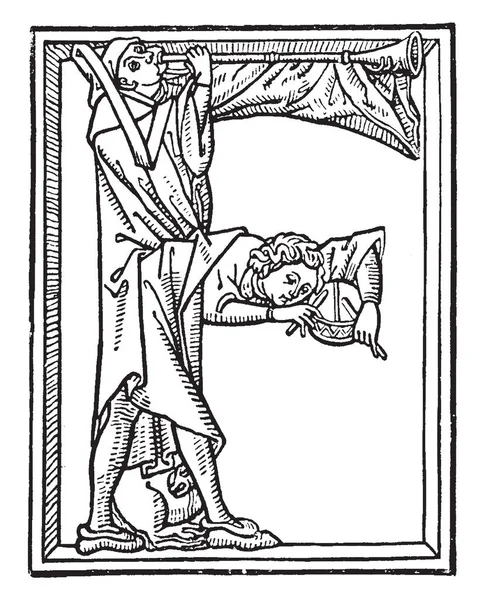 İki müzisyen, bir bir trombon ve bir davulcu, vintage çizgi çizme veya oyma illüstrasyon ile bir büyük harf F