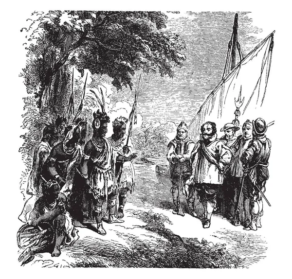 John Smith Rencontre Avec Powhatan Dessin Ligne Vintage Illustration Gravure — Image vectorielle