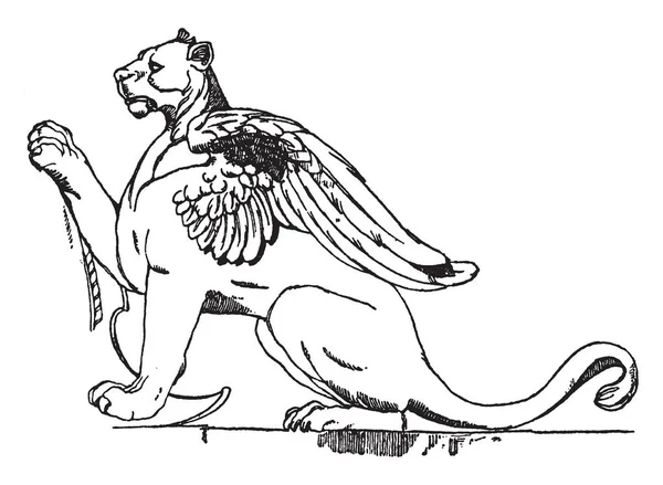 Φτερωτό Λέαινα Χρησιμοποιείται Υποστηρικτής Εκλεκτής Ποιότητας Γραμμικό Σχέδιο Απεικόνιση Χαρακτική — Διανυσματικό Αρχείο