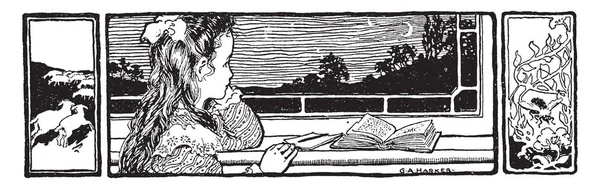 Čtení Okno Včely Kniha Dítě Ozdobný Okraj Dívka Domácí Ovce — Stockový vektor