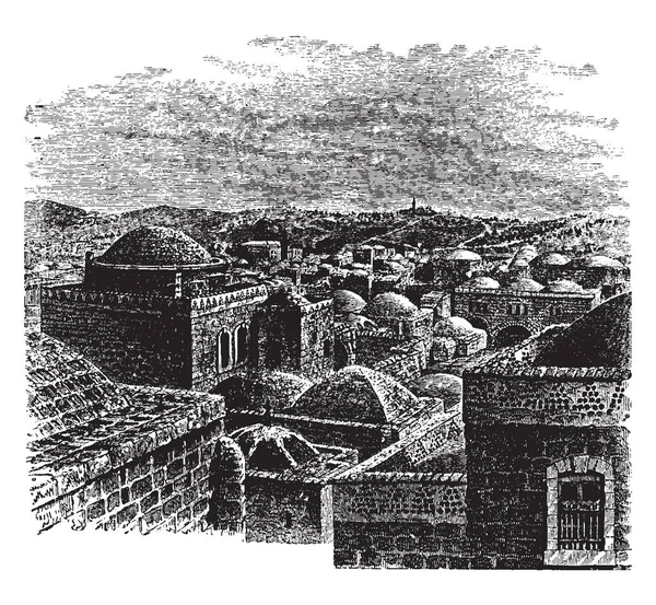 ビューのエルサレムはイスラエル共和国および人口および領域 ビンテージ ライン描画または彫刻の図でその都市の首都 — ストックベクタ