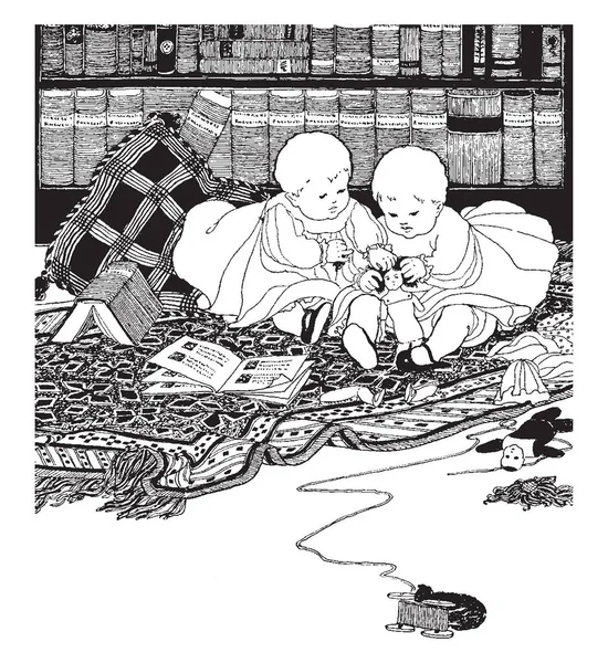 Bir battaniye kitaplar arasında oturan ve bir bebek, vintage çizgi çizme veya oyma illüstrasyon iskambil ikiz bebek.