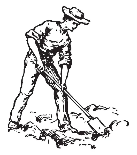 Kazma kürek, vintage çizgi çizme veya oyma illüstrasyon ile bir adam