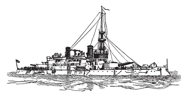 オレゴンはアメリカ合衆国海軍 ビンテージの線描画や彫刻イラストの前ドレッド ノート インディアナ級戦艦 — ストックベクタ