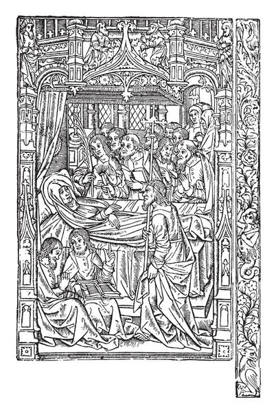 Смерть Богородицы Отпечаток Гравюры Винтажного Рисунка Гравюры — стоковый вектор