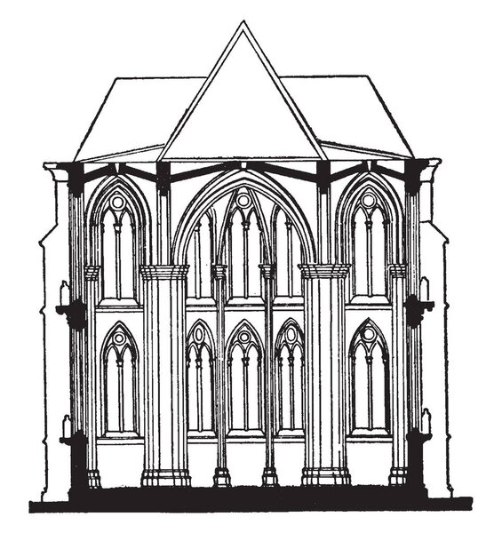 Fan-Tracery of Cloisters of Gloucester Cathedral, cathedral church of St. Peter, the holy, undivided trinity,  Romanesque architecture, vaulting, vintage line drawing or engraving illustration.