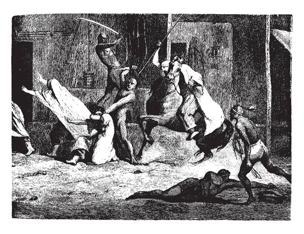 Мужчина Лошади Копьём Убивает Другого Человека Ножом Который Поднял Нож — стоковый вектор
