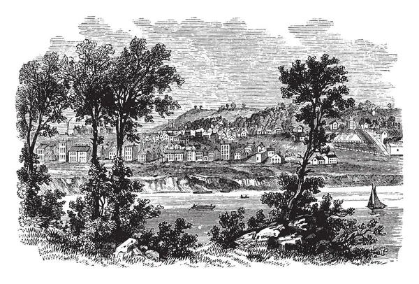辛辛那提城市的一个场景在1812年位于俄亥俄州 它显示美丽的场面房子 树和小船漂浮在河里 复古线绘画或雕刻例证 — 图库矢量图片