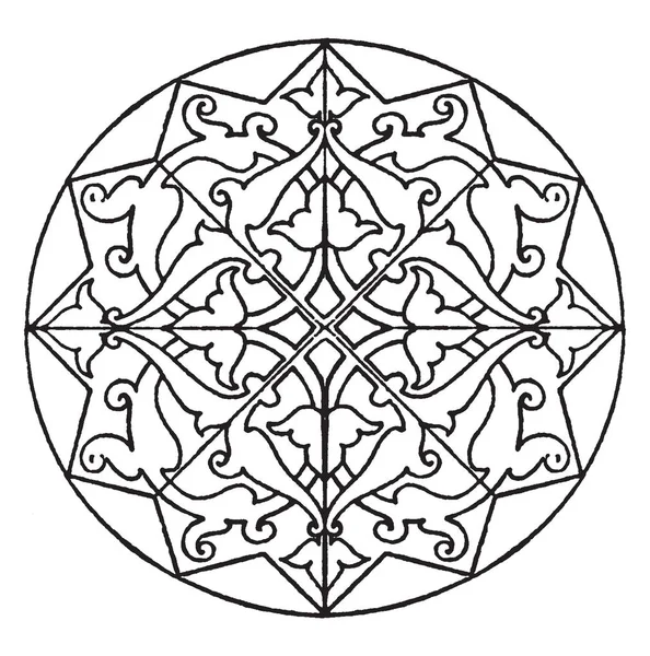 Arap yıldız şekli Çokgen şeklin, vintage çizgi çizme veya oyma illüstrasyon paneldir.