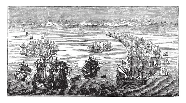 舰队在许多西班牙语国家被使用作为国家海军力量的标题 复古线绘画或雕刻例证 — 图库矢量图片