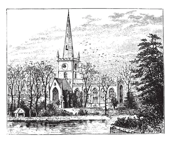 斯特拉特福在雅芳教堂 这是一个教区教堂在英国的教会 老式的线条画或雕刻插图 — 图库矢量图片