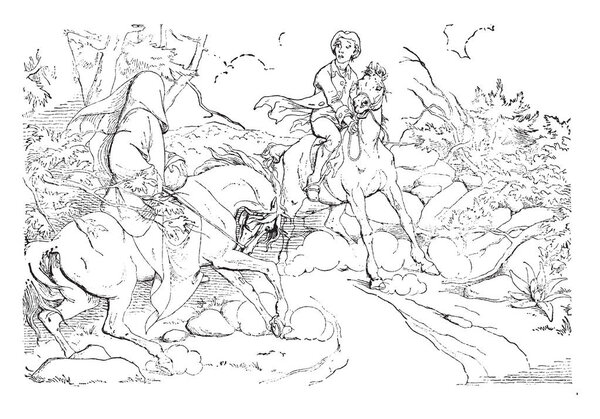 A boy and a girl are riding on their own horse and going in front of each other, vintage line drawing or engraving illustration.