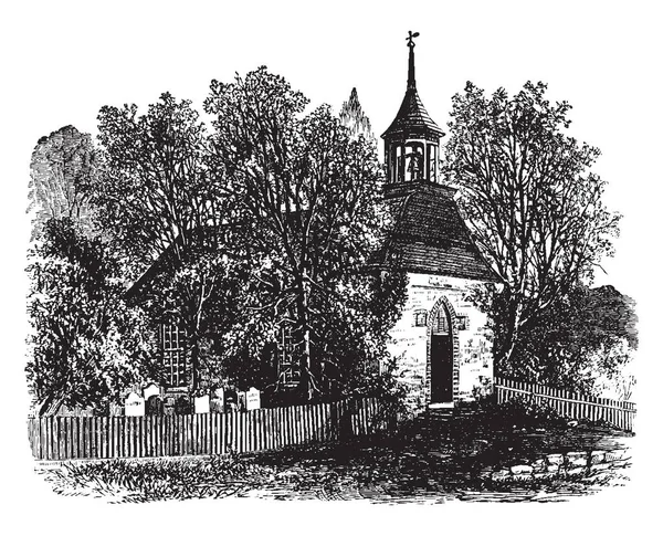 教会と教会 ビンテージの線描画や彫刻イラストの周りの木々 — ストックベクタ