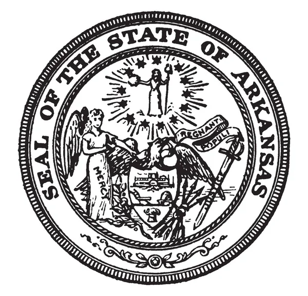 Печатка Штату Арканзас Друк Показує Милосердя Білоголовий Орлан Проведення Щитом — стоковий вектор