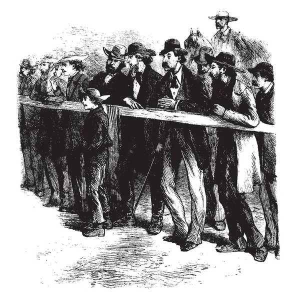 フェンスの近くに立ってや馬のレース ビンテージの線画を見てイラストを彫刻の男性のグループ — ストックベクタ