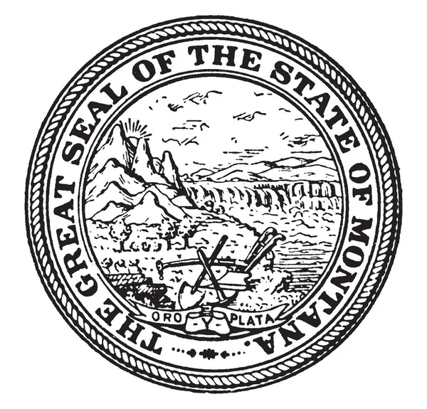 Great Seal State Montana Seal Shows Montana Povel Pick Plow — стоковый вектор