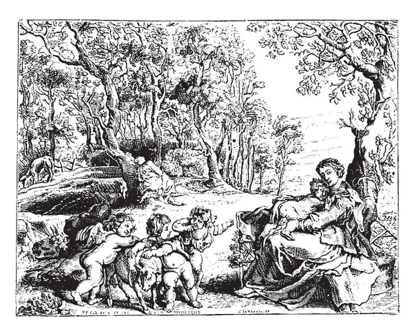 Útěk Egypta Gravírování Peter Paul Rubens Vintage Kreslení Čar Nebo — Stockový vektor