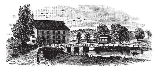 国王桥在1860年坐落在西北布朗克斯纽约 复古线画或雕刻插图 — 图库矢量图片