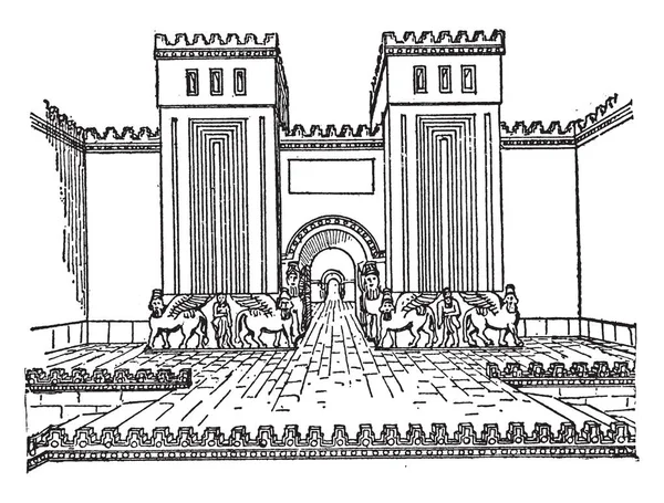 Khorsabad Palace Gate Dur Sharrukin Fortress Sargon Vintage Line Drawing — Stock Vector