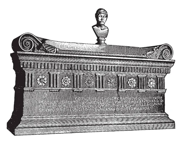 卢修斯 西皮奥 Barbatus 的石棺 两位当选的罗马领事之一 他率领罗马军队 复古线画或雕刻插图 — 图库矢量图片