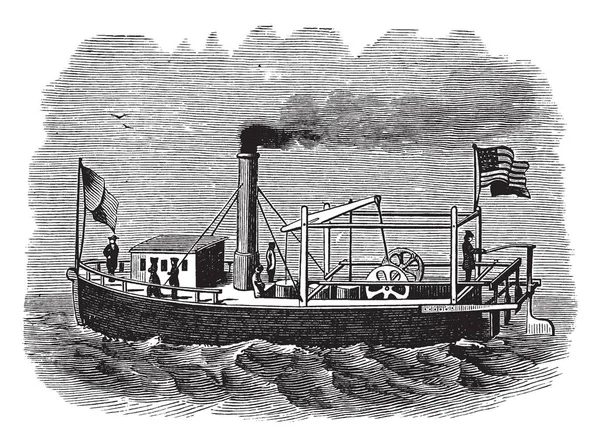 フィッチ蒸気船だったヴィンテージ線画 アメリカ合衆国で最初のスティーム ボート サービスを営業やイラストを彫刻の最も有名です — ストックベクタ