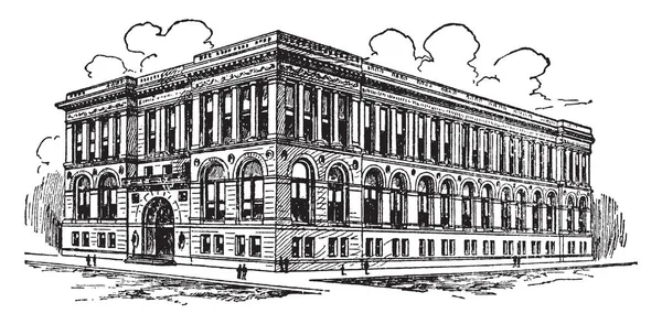 It is a Chicago Public Library which is famous for low and architecture, vintage line drawing or engraving illustration.