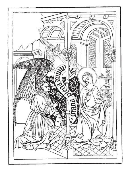 The Annunciation is an engraving, vintage line drawing or engraving illustration.