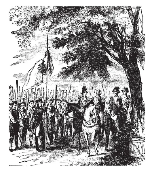 George Washington onun asker, vintage çizgi çizme veya oyma illüstrasyon tarafından çevrili.