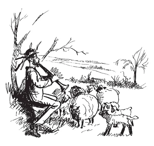 Klarnet ve koyun onun ayak, vintage çizgi çizme veya oyma illüstrasyon iskambil bir adam