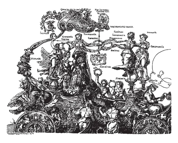 예술가 알브레히트 Albrecht Drer 제작한 승리의 자동차의 막시밀리안 황제는 빈티지 — 스톡 벡터