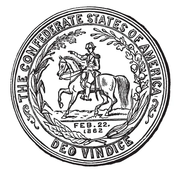 アメリカ連合国のシール このサークル形状のシールは男乗馬は 月桂冠に囲まれたシール ビンテージの線描画や彫刻イラストに記載された 1862 — ストックベクタ