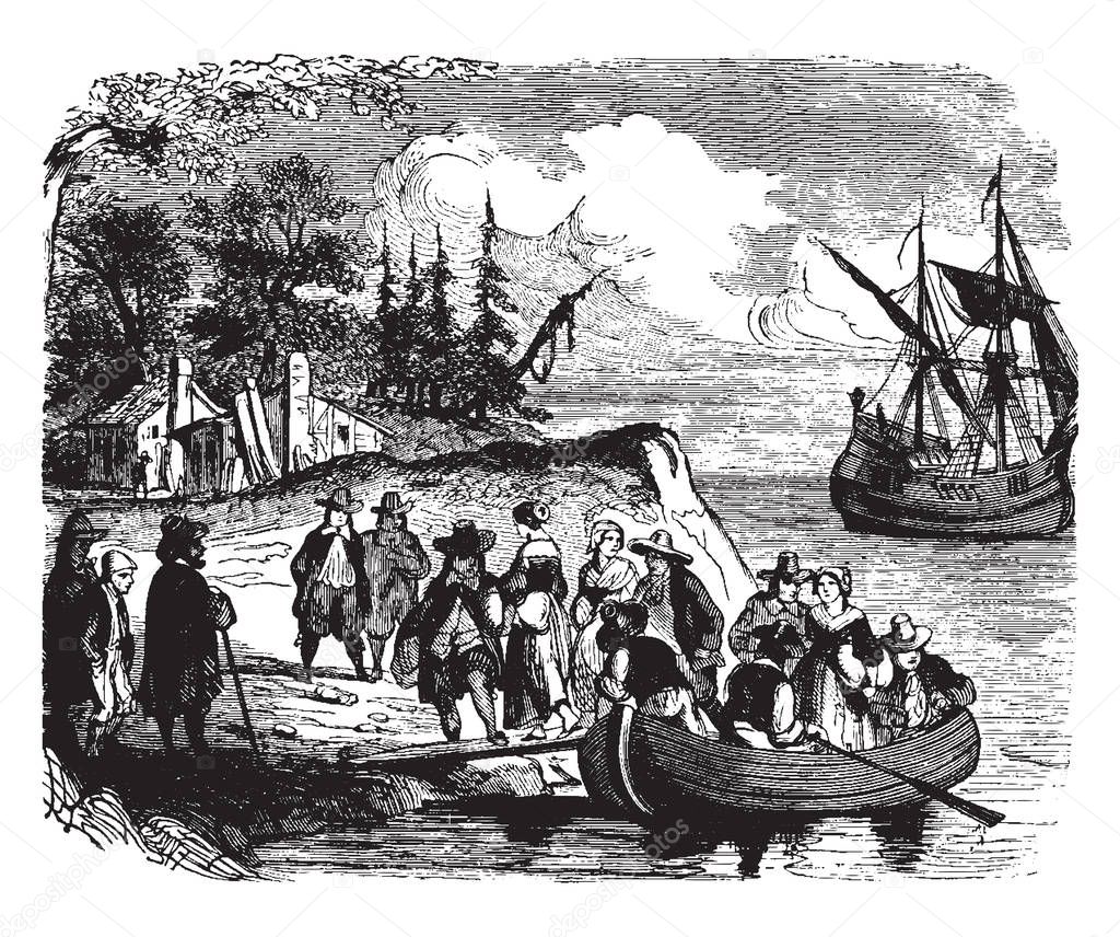 Group of Dutch Settlers on the Manhattan Island ,vintage line drawing or engraving illustration.