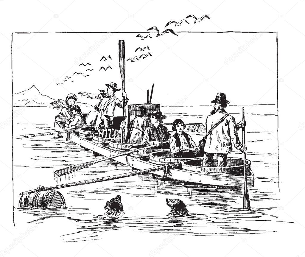 People in tub-boat with oars, dogs in the water and flying birds, vintage line drawing or engraving illustration