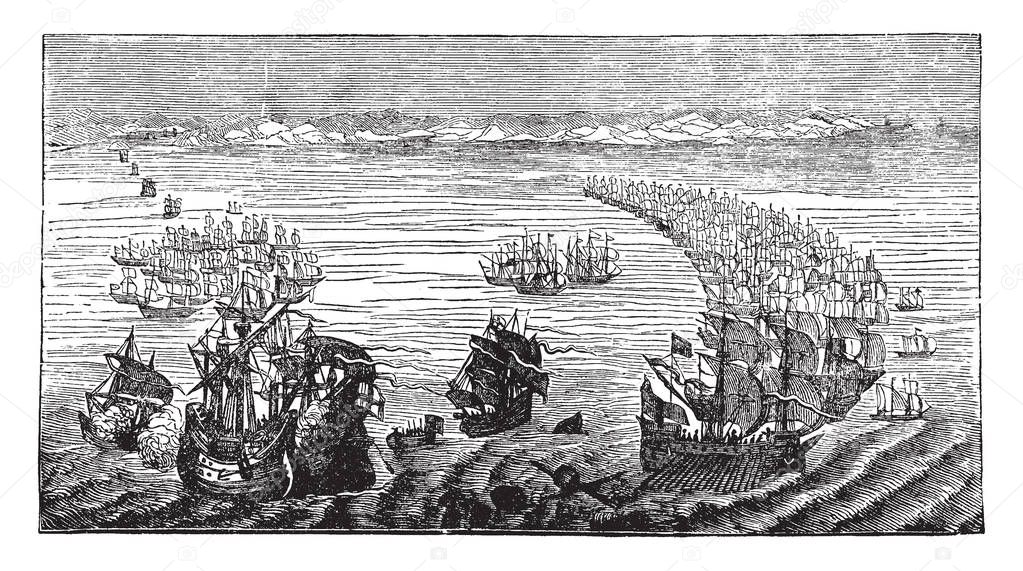 Armada is used in many Spanish speaking nations as the title of the national naval force, vintage line drawing or engraving illustration.